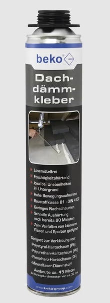 beko Logo. Dachdämmkleber in der Sprühdose, lösemittelfrei, für Polystyrol-, Polyurethan- und Phenolharz-Hartschaum sowie Mineralfaser.