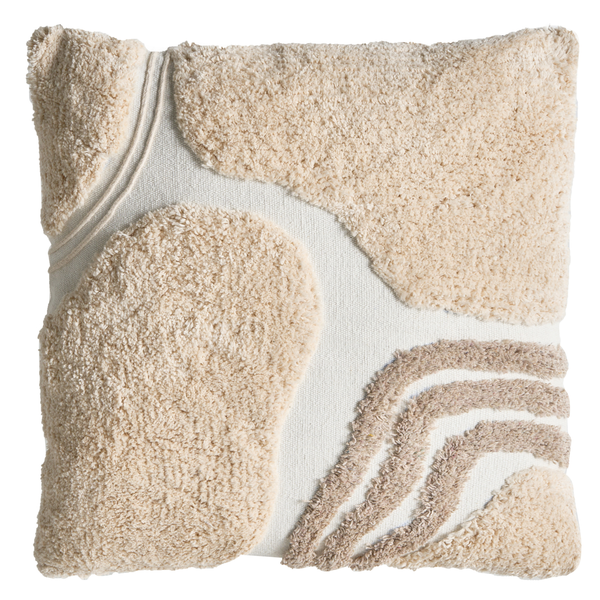 Quadratisches Deko-Kissen mit abstraktem Tufting-Muster und Wellenlinien.