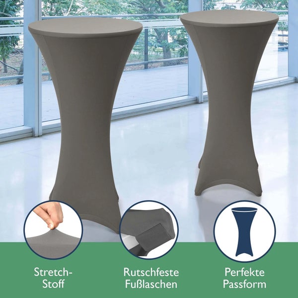 Zwei Stehtischhussen aus Stretchmaterial mit rutschfesten Fußtaschen und perfekter Passform