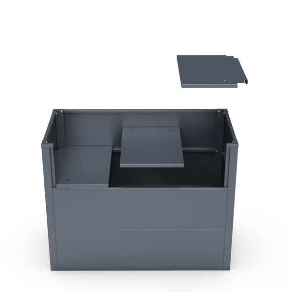 Graues Metall-Hochbeet mit Zwischenboden und Einlegeplatten aus Metall.