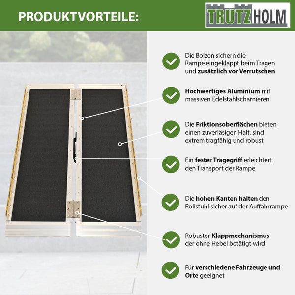 Zusammenklappbare Rollstuhlrampe aus Aluminium mit rutschfester Oberfläche und Tragegriff, Produktvorteile grafisch dargestellt, Trutzholm Logo.