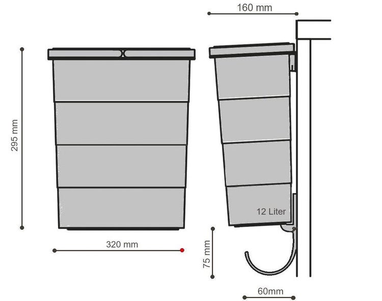 Maßzeichnung eines 12 Liter Abfalleimers mit Abmessungen: Höhe 295 Millimeter, Breite 320 Millimeter und Tiefe 160 Millimeter.