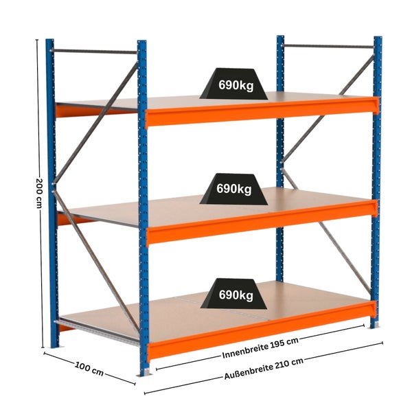 Lagerregal mit drei Böden, Traglast pro Boden 690 Kilogramm, Abmessungen 200 x 210 x 100 Zentimeter