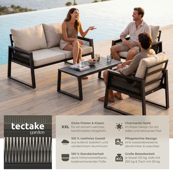 Modernes Garten-Lounge-Set aus Aluminium mit Seil-Optik, bestehend aus einem Sofa, zwei Sesseln und einem Couchtisch auf einer Terrasse am Pool.