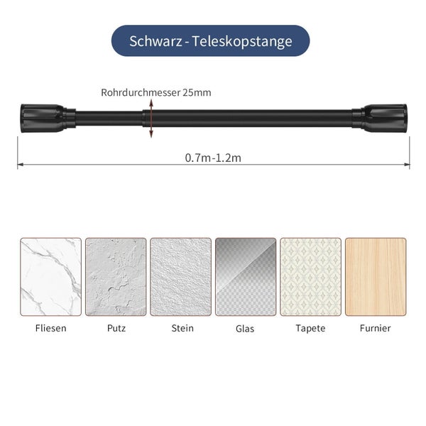 Schwarze Teleskopstange mit 25 Millimeter Rohrdurchmesser und einer Länge von 0,7 bis 1,2 Meter für verschiedene Oberflächen wie Fliesen und Glas.