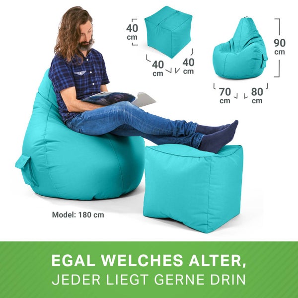 Green Bean 2er Set Sitzsack + Hocker - fertig befüllt - robust waschbar schmutzabweisend - Kinder & Erwachsene Bean Bag Bodenkissen Lounge Sitzhocker Relax-Sessel Gamer Gamingstuhl Pouf - Türkis