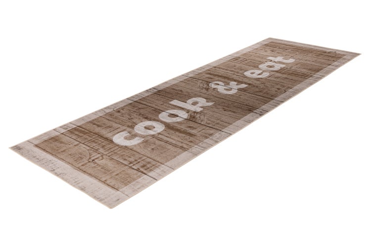 Langer Küchenläufer mit Holzoptik Muster und Schriftzug cook and eat
