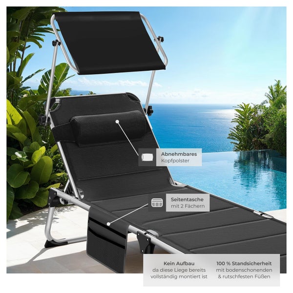Sonnenliege tectake Lorella 220 x 60,5 x 34 cm, mit Seitentasche  gepolstert, klappbar schwarz