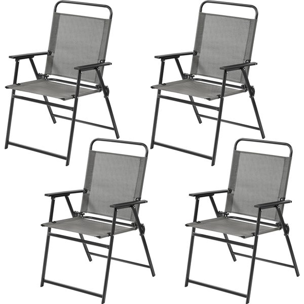 Vier graue Klappstühle mit Armlehnen und Stahlgestell
