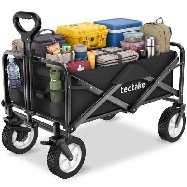 Tectake Bollerwagen faltbar mit Campingausrüstung befüllt für Outdoor und Garten mit stabilem Rahmen und vier Rädern
