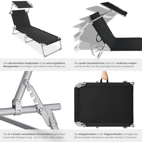 2er Set Gartenliege tectake Chloé 190 x 68 x 65 cm klappbar schwarz