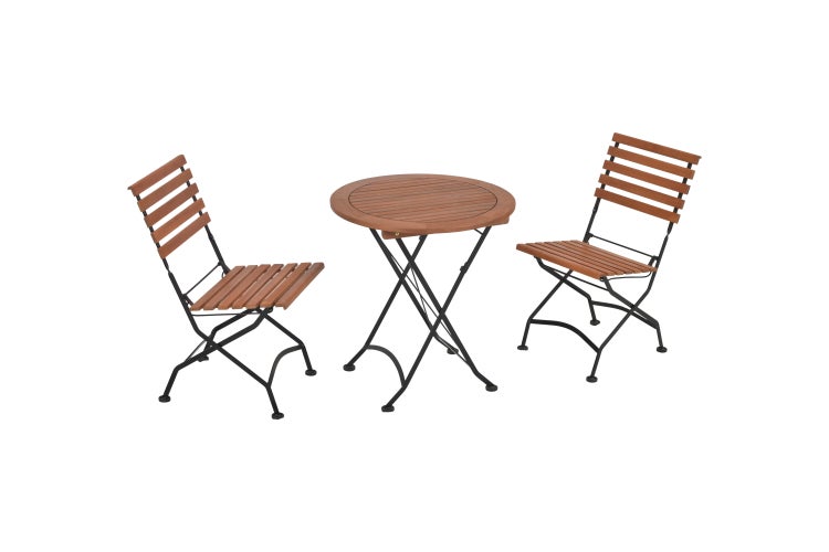 Gartentisch mit zwei Gartenstühlen aus Holz und Metall