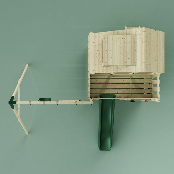 Spielturm mit Schaukel und Rutsche aus Holz, Vogelperspektive