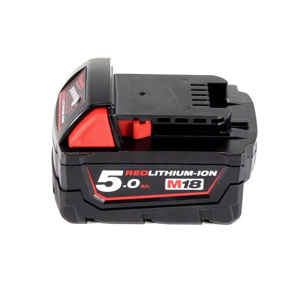 Milwaukee M18 RedLithium-Ion Akkumulator mit 5,0 Amperestunden in Schwarz und Rot für Elektrowerkzeuge.