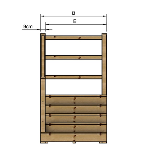 Abmessungen eines Holzregals mit Angabe der Breite und eines Versatzes von neun Zentimetern
