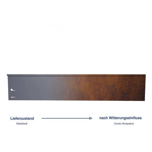 Metall-Rasenkante zeigt Farbentwicklung von walzblank im Lieferzustand bis zur Corten-Rostpatina nach Witterungseinfluss.