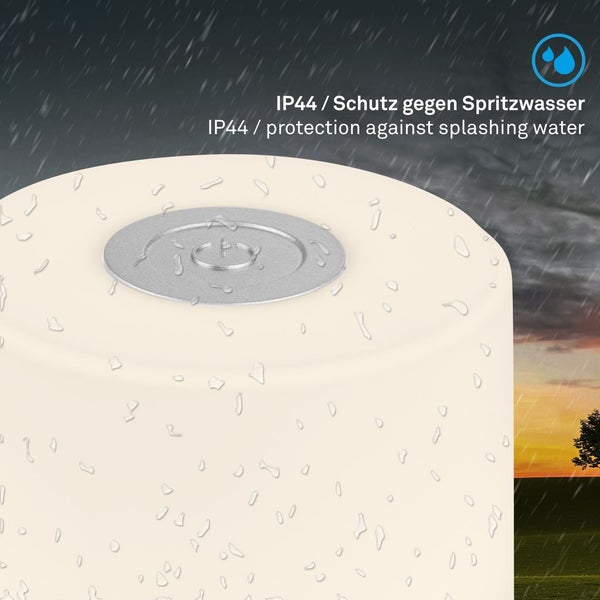 Nahaufnahme einer Leuchte im Regen mit Wassertropfen und Hinweis auf Schutzart IP44 gegen Spritzwasser.