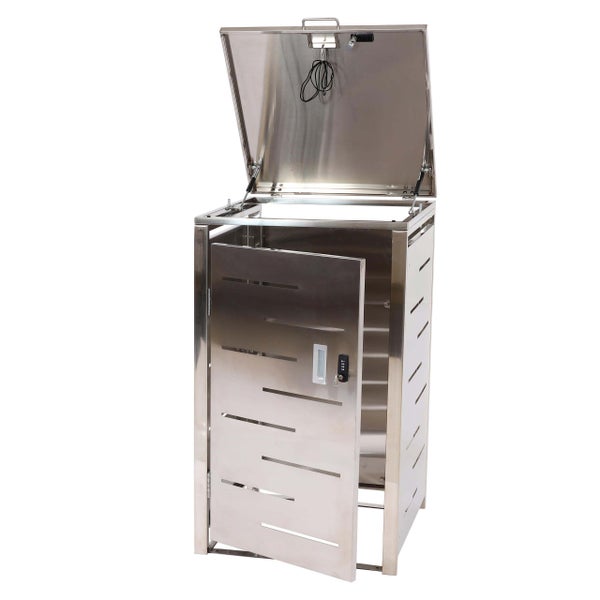 Geöffneter, abschließbarer Mülltonnenbox für zwei Mülltonnen