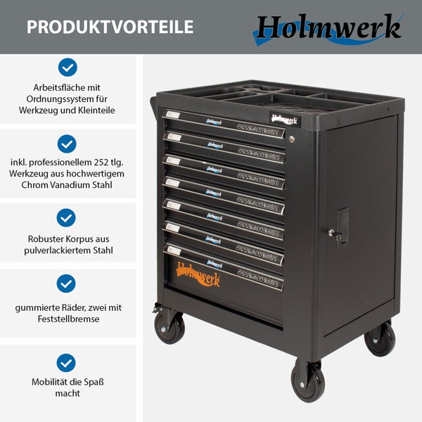 Holmwerk Werkstattwagen mit 7 Schubladen und 252 tlg Werkzeugsatz aus Chrom Vanadium Stahl mit gummierten Rollen und Ordnungssystem.