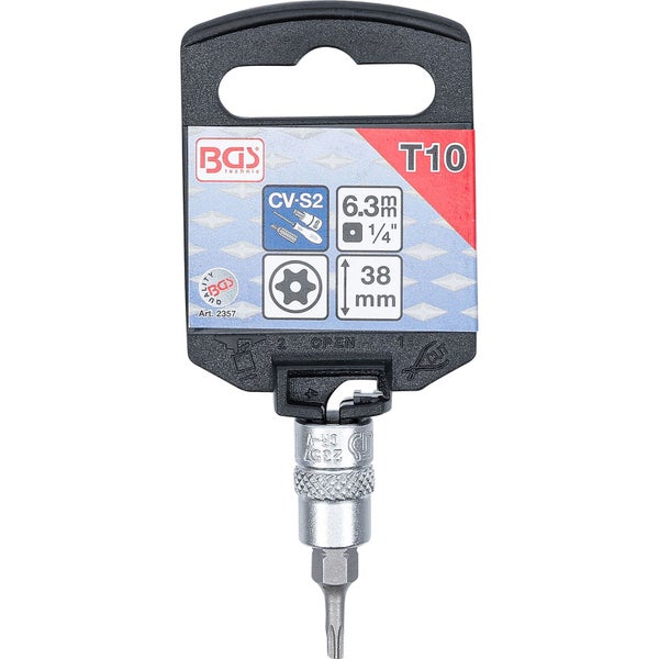 BGS Bit-Einsatz Antrieb Innenvierkant 6,3 mm (1/4) T-Profil (für Torx) mit Bohrung T10 - 2357