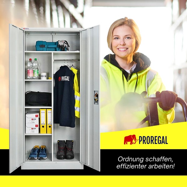 Offener Proregal Metallschrank mit Fachböden und Kleiderstange, gefüllt mit Arbeitsutensilien, neben einer Person in Arbeitskleidung.
