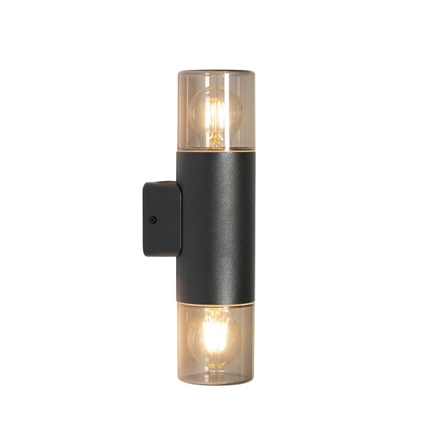 Moderne zylindrische Außenwandleuchte in Schwarz mit Up-and-Down-Licht aus zwei Glaszylindern und sichtbaren LED-Filament-Leuchtmitteln.