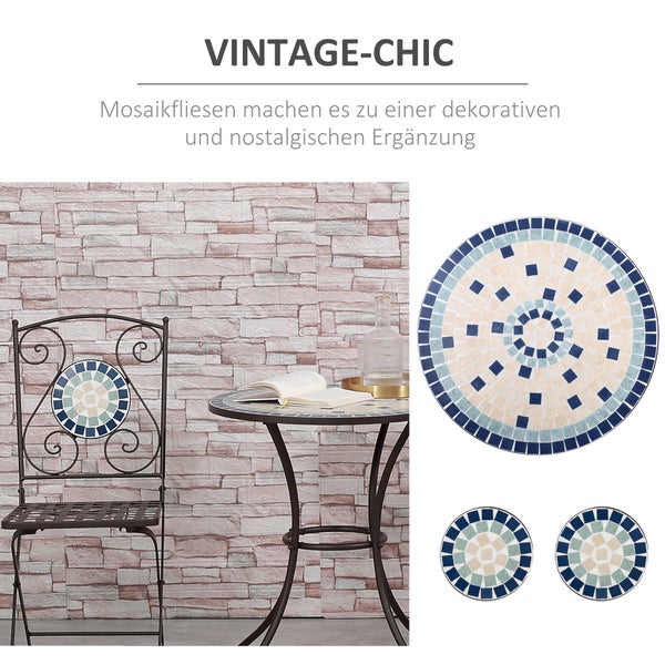 Outsunny 3tlg. Gartenmöbel-Set, inkl. 1 Tisch, 2 klappbaren Stühlen mit Mosaiksteinen, 61L x 61B x 71,5H cm, Metall, Blau+Grün+Gelb