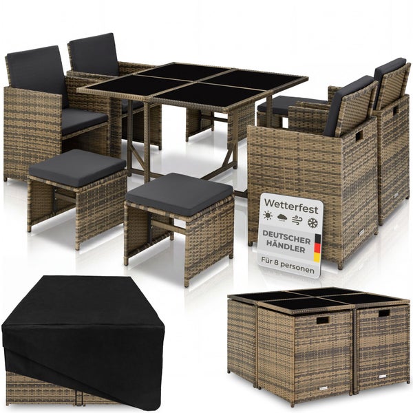 Polyrattan Gartenmöbel Set für acht Personen: Tisch mit Glasplatte, vier Sessel, vier Hocker, Kissen und Schutzhülle. Wetterfest.