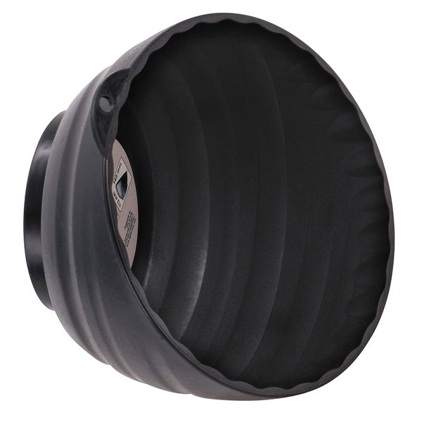 Staubschutzhaube aus schwarzem Kunststoff für Bohrwerkzeuge mit gewellter Innenfläche.