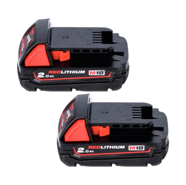 Zwei Milwaukee M18 REDLITHIUM 2,0 Ah Lithium-Ionen-Akkus mit 18 Volt.
