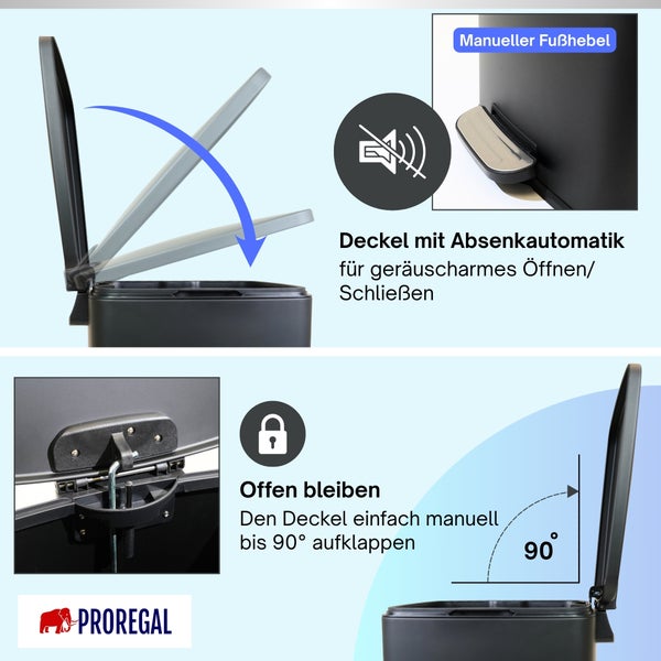 Mülleimer mit Absenkautomatik für leises Schließen, manuellem Fußpedal und Deckel mit 90 Grad Offenhaltefunktion. PROREGAL Logo.
