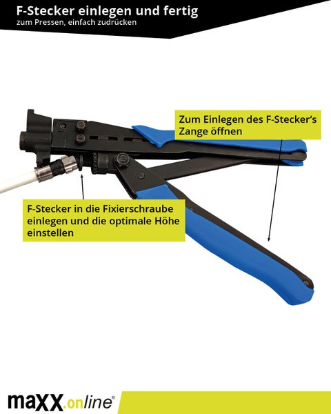 Kompressionszange für F-Stecker mit flexiblem Drehkopf für RG6, RG7, RG11, RG59 F-Kompressionsstecker, Koaxialkabel, Antennenkabel, Sat-Kabel