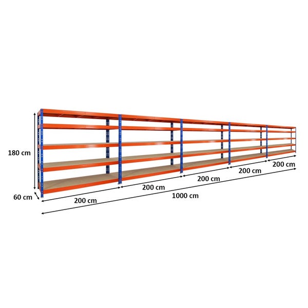 PROREGAL Mega Deal 5x Profi Schwerlastregal Rhino HxBxT 180 x 200 x 60 cm 5 Spanplatten-Ebenen 8mm Fachlast 500 kg Blau/Orange