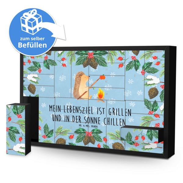 Adventskalender zum selber Befüllen von Mister und Misses Panda mit Igel Motiv und Spruch Mein Lebensziel ist Grillen und in der Sonne chillen.
