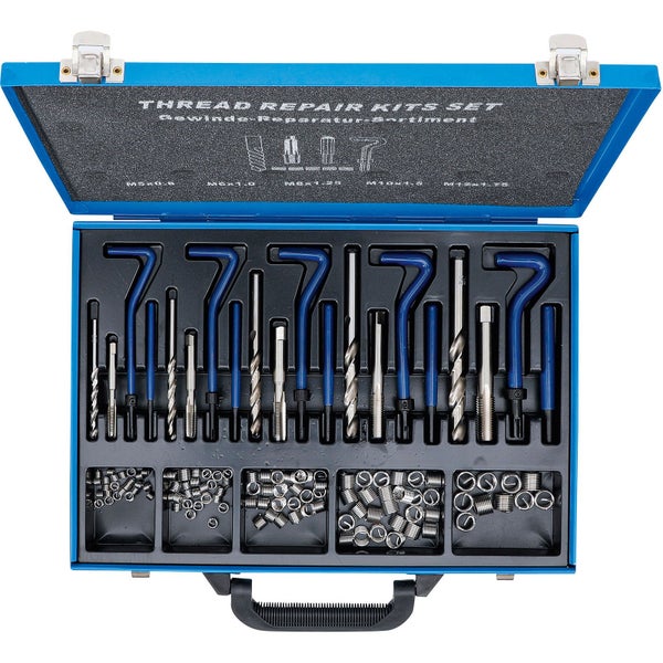 Gewinde Reparatur Set in blauem Koffer mit Werkzeugen und Einsätzen