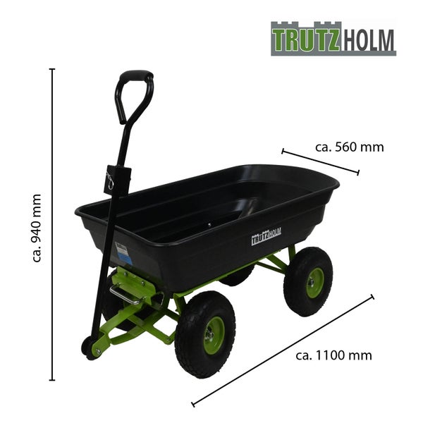 Tragbarer Gartenwagen mit den Maßen 940 mm Höhe, 560 mm Breite und 1100 mm Länge.