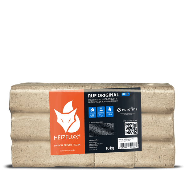 10 Kilogramm Packung Heizfuxx RUF Original Blue Holzbriketts für Kamine und Öfen. Heizfuxx Logo. Eurofins Logo.