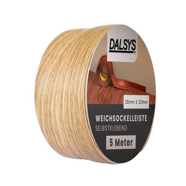 Dalsys Weichsockelleiste, selbstklebend, Holzoptik, 5 Meter, 28 Millimeter mal 22 Millimeter, Dalsys Logo