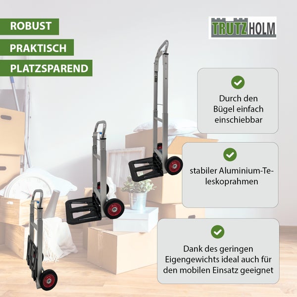 Trutzholm klappbare Sackkarre mit Aluminium Teleskoprahmen und Rädern vor Umzugskartons.