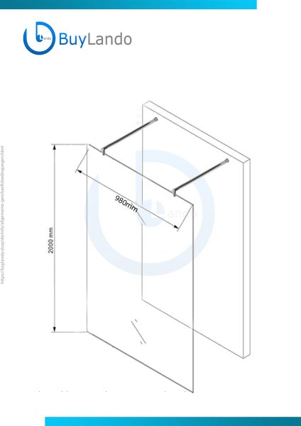 Technische Zeichnung einer Duschwand mit Maßangaben 2000 mm Höhe und 980 mm Breite