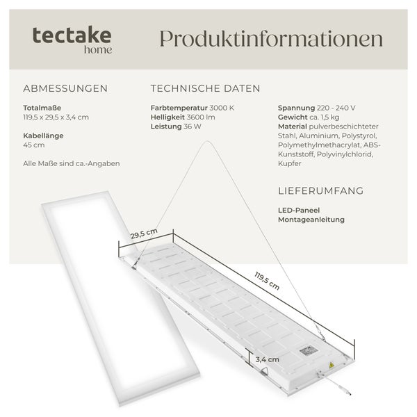 Produktinformationen Tectake Home LED-Panel mit Abmessungen, technischen Daten und Lieferumfang