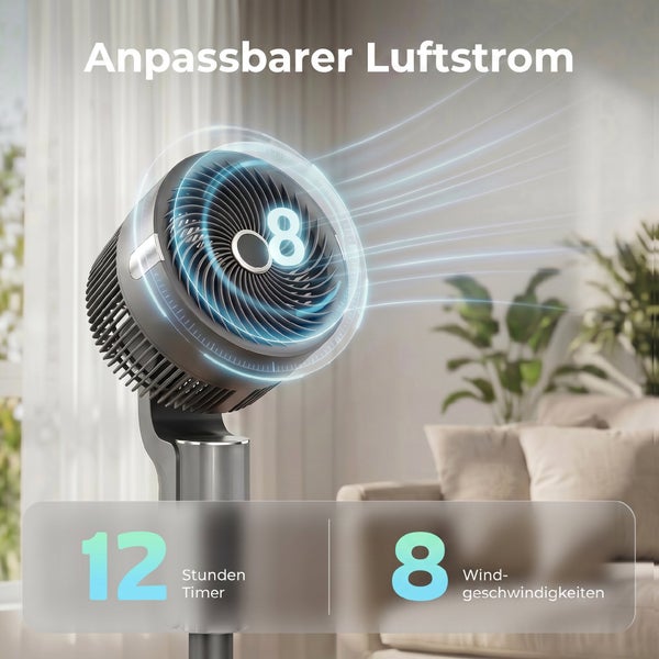 Ventilator mit anpassbarem Luftstrom, 12 Stunden Timer und 8 Windgeschwindigkeiten in einem hellen und organisierten Wohnzimmer.