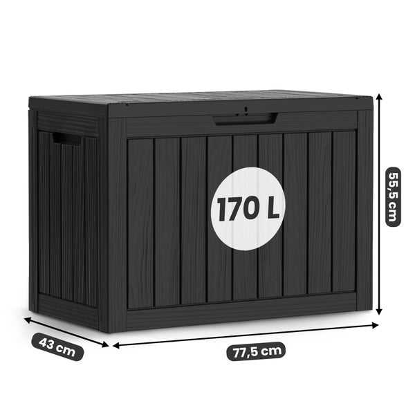 Gartenbox aus Kunststoff in Holzoptik mit 170 Liter Fassungsvermögen, Maße 77,5 mal 43 mal 55,5 Zentimeter.