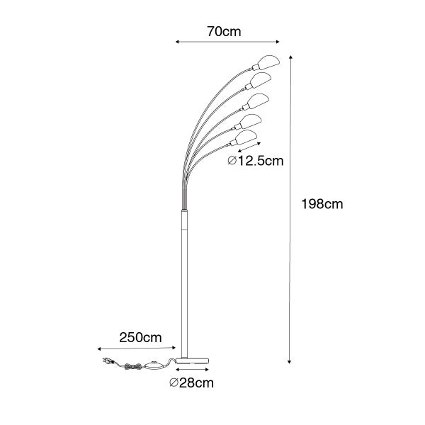 Abbildung einer Stehlampe mit den Maßen 198 cm Höhe, 70 cm Breite, Lampenschirmdurchmesser 12,5 cm und Fußdurchmesser 28 cm