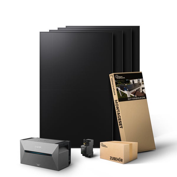 Balkonkraftwerk-Komplettset mit vier Solarmodulen, Anker SOLIX Solarbank 2 Pro, Montageset für Gitterbalkone und Zubehörbox.