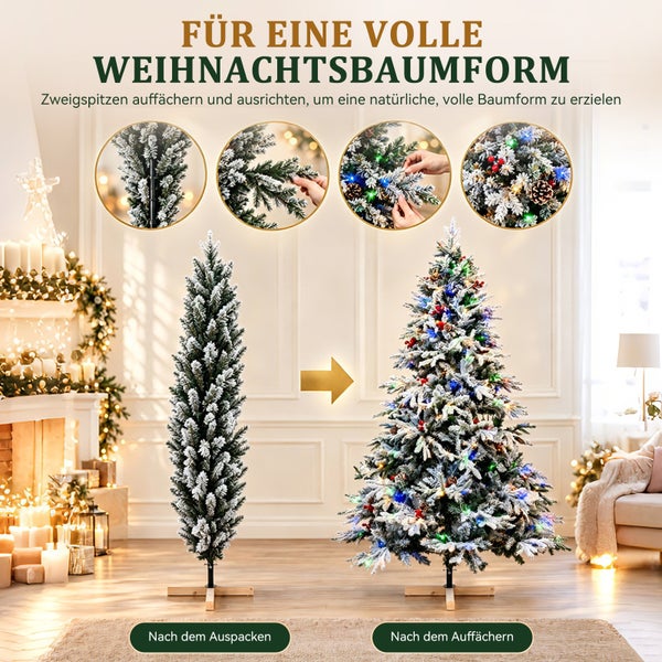 Anleitung zum Auffächern eines künstlichen Weihnachtsbaums für eine volle Form vor weihnachtlich geschmücktem Wohnzimmerhintergrund.