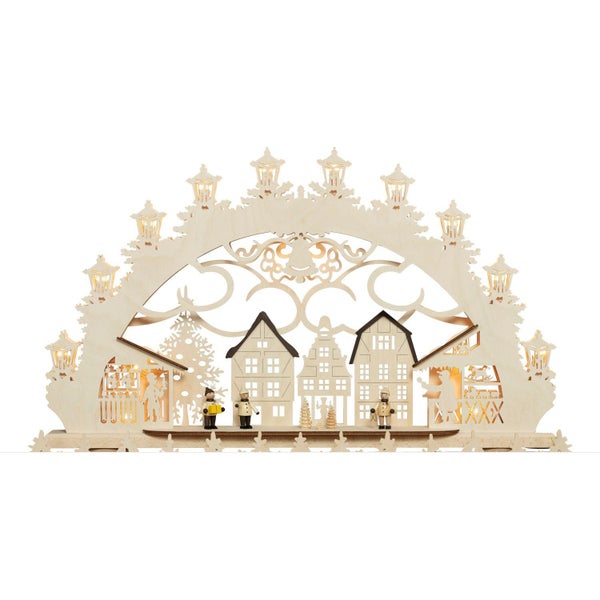 Beleuchteter Schwibbogen aus Holz mit winterlicher Stadtszene, Figuren und LED Lichterketten zur weihnachtlichen Dekoration.