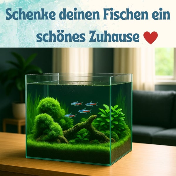 Dekoratives Aquarium mit Fischen, Pflanzen und Holzwurzeln auf einem Tisch