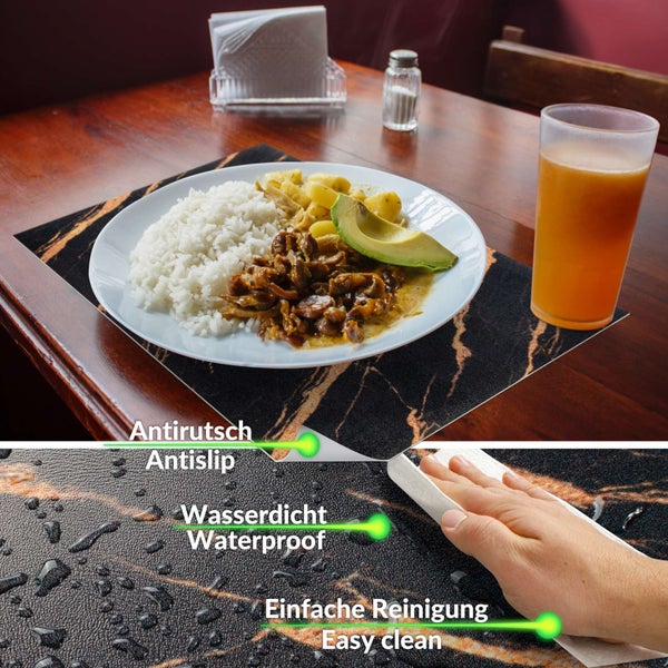 Tischset in Marmor-Optik auf Holztisch mit Teller und Glas; Detailansichten zeigen wasserfeste, rutschfeste Oberfläche und einfache Reinigung.