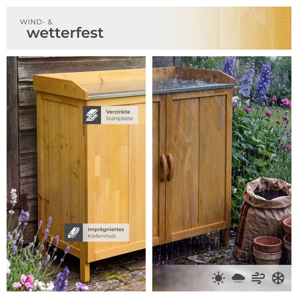 Garten-Geräteschrank aus imprägniertem Kiefernholz mit verzinkter Arbeitsplatte und zwei Türen, wetterfest gegen Sonne, Regen, Wind und Frost.